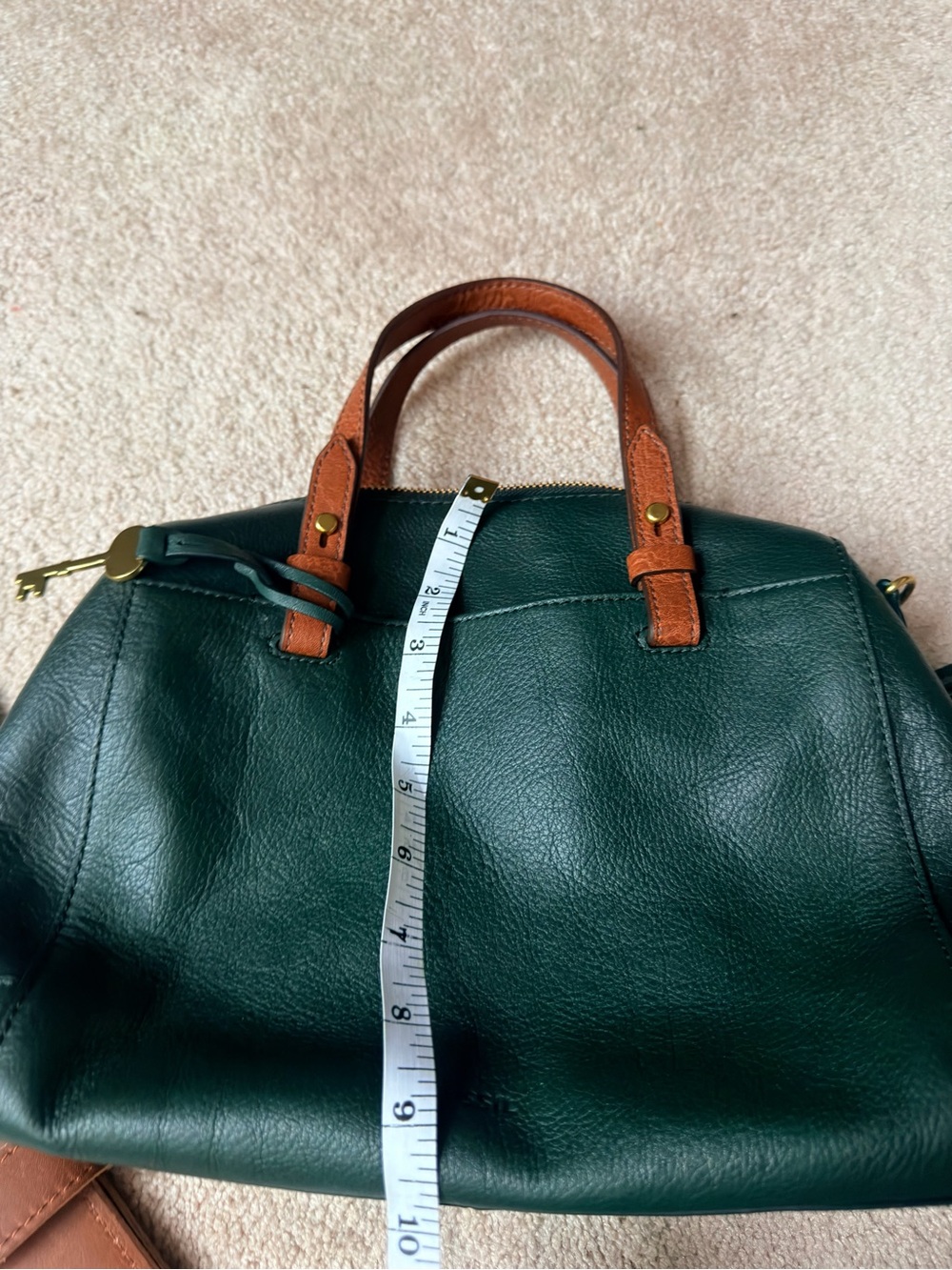 Fossil Dark Green Rachel Leather Satchel with Brown Handles - Picture 6 of 6